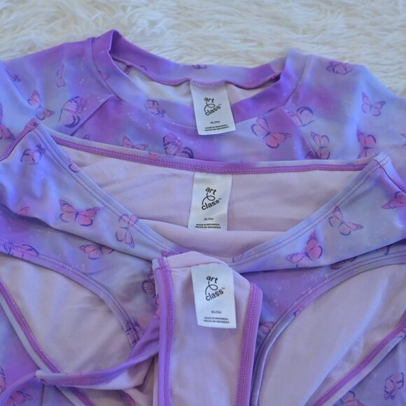 Art Class Girls Three Piece Bathing Suit Purple W/ Flower Size XL 14 - Picture 2 of 4